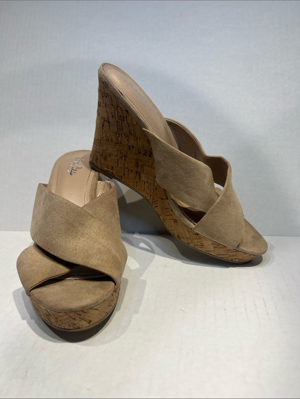 Charles David Taupe Suede Cork Wedge Sandals - Women
